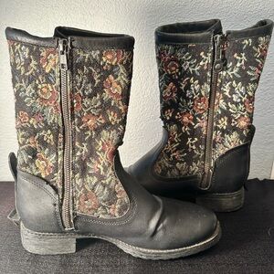Bunker Black Leather Mid-Calf Boots With Embroidered Yarn Womens Sz 7.5/8